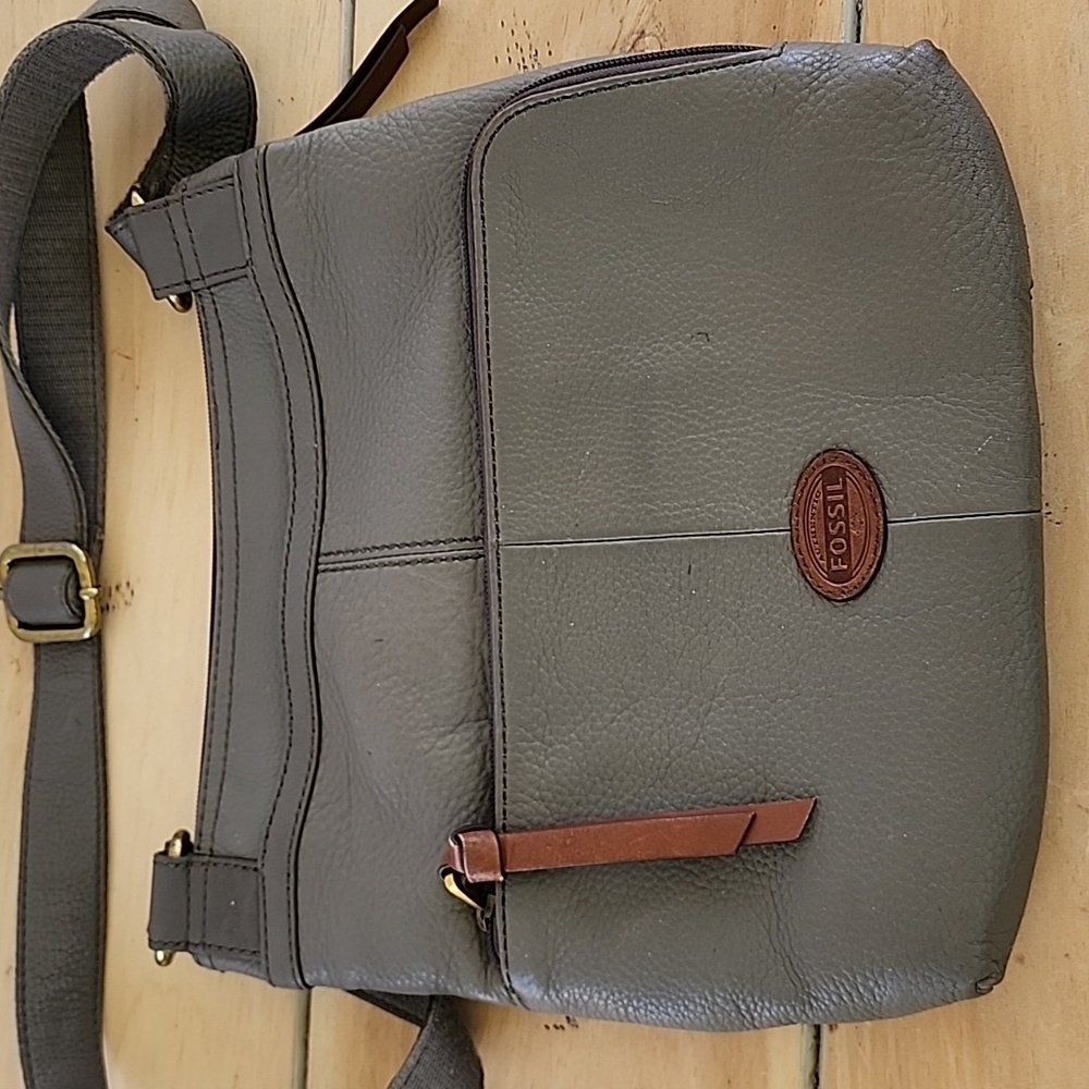 Fossil Morgan Pebbled Leather Traveler Crossbody Bag Purse Satchel Grey Green - Picture 9 of 12